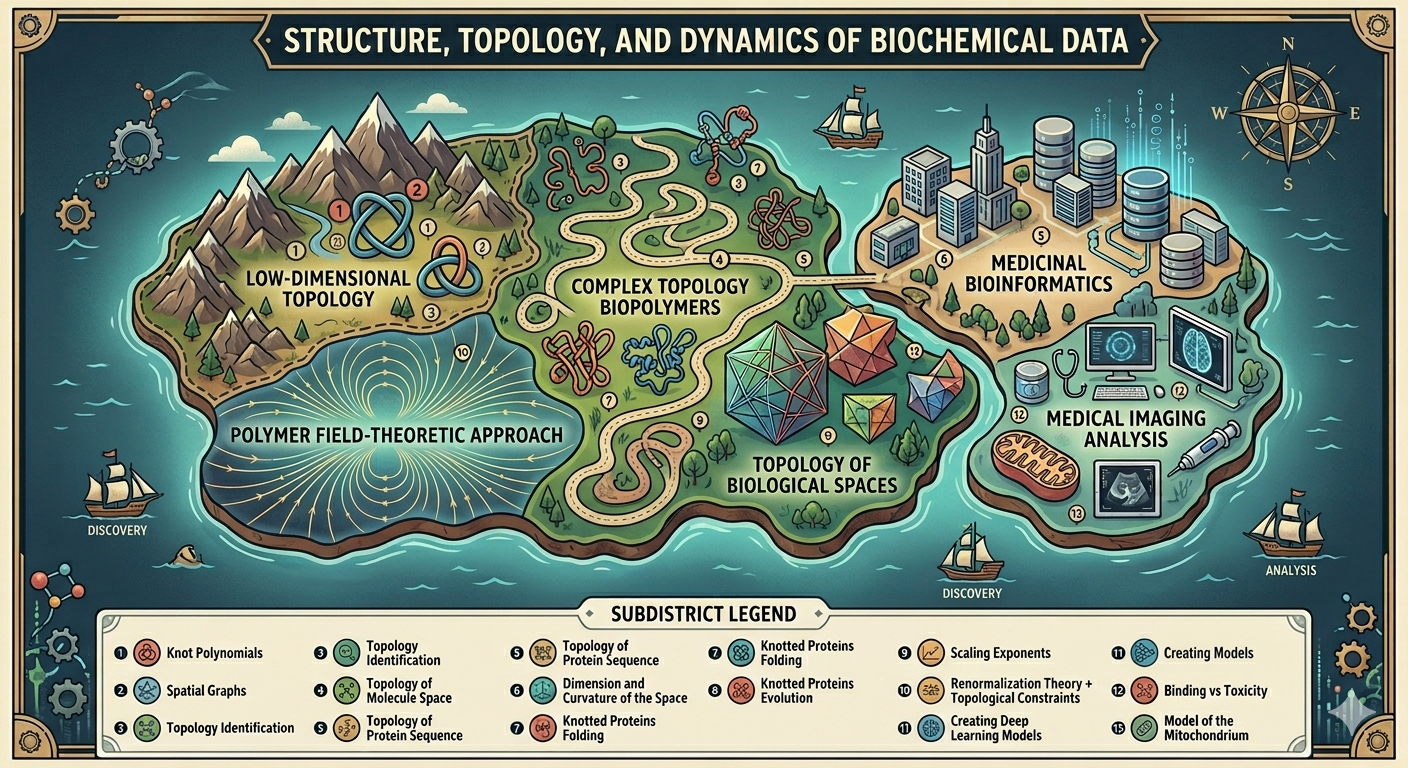Schematic map of research interests: structure, topology, and dynamics of biochemical data across low-dimensional topology, polymer field theory, complex biopolymers, biological spaces, medicinal bioinformatics, and medical imaging.